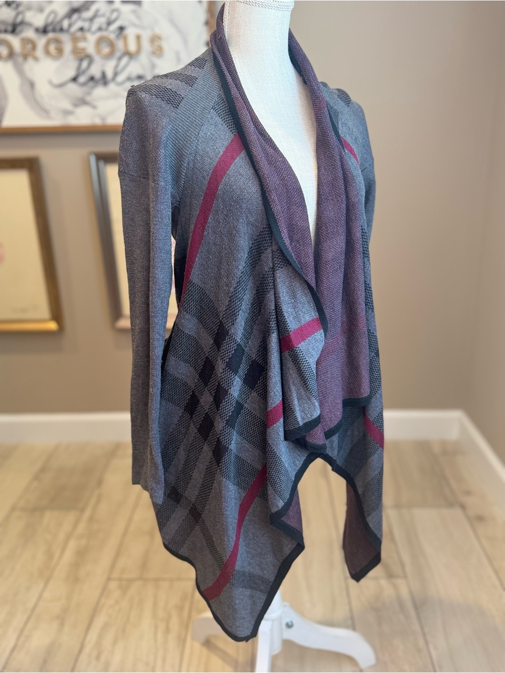 5 for $30 Staccato Gray & Burgundy Plaid Draped Open-Front Cardigan